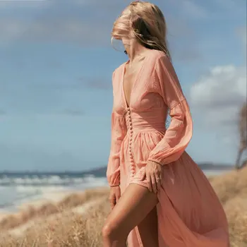 2022 חדש סיבתי כפתור זמן קיץ שמלה שרוול ארוך בציר עמוק צוואר V שמלה ארוכה החלוק Dropshipping החוף הלבן שמלת בוהו.