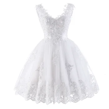 2023 קצר חדש שמלת נשף טול לבן עם אפליקציות חרוזים באורך הברך שמלת תחרה למעלה חזרה שמלת מסיבת