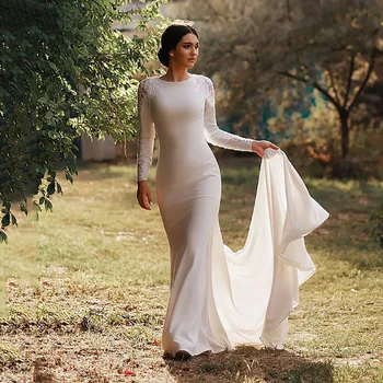 2023Soft בתולת ים סאטן חתונה שמלות שרוולים ארוכים אפליקציות תחרה שמלת כלה סגורה המוסלמים מסיבת חתונה שמלות