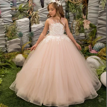 A+סומק התחרה Appliqued פרח ילדה שמלות טול חרוזים Appliqued בתחרות על בנות הראשונות שמלות קודש לילדים שמלות נשף