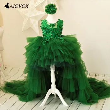 AIOVOX נסיכה ללא שרוולים תחרה קפלים שמלות ילדה פרחוני הדפסה חרוזים לילדים אלגנטי גבוה נמוך טול שמלת ההתייחדות הראשונה