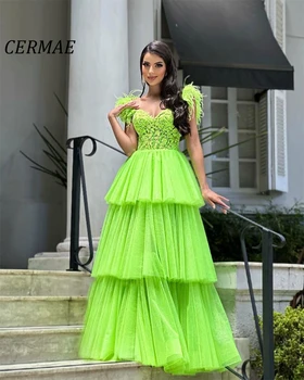CERMAE רקמה V-קו נוצה שמלת החתונה רשמית נשף שכבתי ירוק קו המפלגה תחרה שמלות לנשים 2023