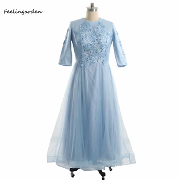 Feelingarden שמלות ערב O-צוואר שמיים כחולים בלינג אפליקציות חרוזים קרסול-אורך רוכסן בחזרה בתוספת נשים גודל שמלת מסיבת
