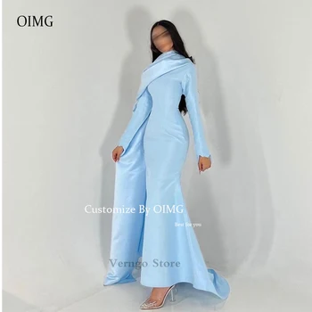 OIMG פשוט שמיים כחולה בתולת ים סאטן שמלות ערב צעיף ארוך שרוולים O-צוואר הסעודית ערבית פשוטה שמלות לנשף רשמי שמלת מסיבת
