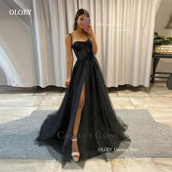 OLOEY מודרני נצנצים שחור טול ארוך שמלות לנשף רצועות ספגטי מתוק פיצול שמלות ערב רשמית לחגוג אירוע השמלה