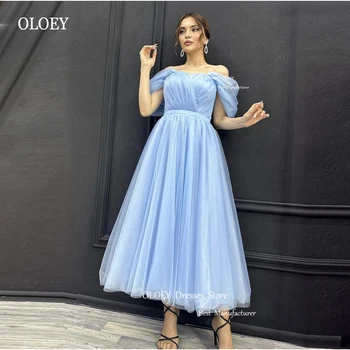 OLOEY פשוטה אור כחול טול שמלות נשף את הכתף שרוולים באורך קרסול שמלות ערב רשמית שמלת מסיבת יום הולדת