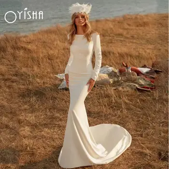 OYISHA פשוט שרוול ארוך בתולת ים שמלות כלה 2023 ללא משענת לטאטא אלגנטית סאטן רכבת לטאטא שמלות כלה לנשים דה Marié