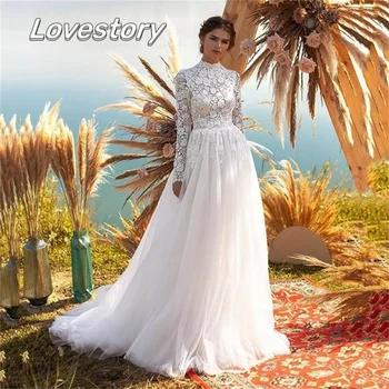 Pastrol קו חתונה שמלות שרוולים ארוכים הכלה חלוק אשליה תחרה אפליקציה כלה שמלת צוואר גבוה בוהו סאטן Vestidos דה Noiva