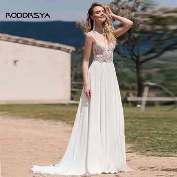 RODDRSYA פשוטה שיפון ללא משענת שמלות כלה 2023 אפליקציות תחרה ללא שרוולים סקסיים אשליה שמלת כלה Vestidos דה נוביה בוהו.