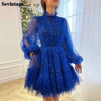 Sevintage כוכבים טול מיני שמלות לנשף כחול רויאל פאף שרוולים ארוכים השמלה גובה הצוואר סיום רשמי צד שמלות