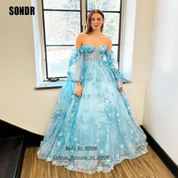 SONDR כחול חדש קו פרח שמלות נשף שמלת ערב מלא שרוולים תחרה מתוקה רשמית לכבוד מסיבת שמלות ערב שמלות