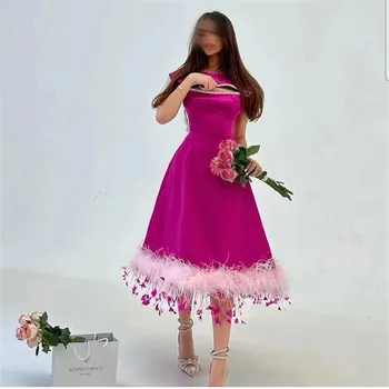 אופנה ורוד גבוה צוואר קצר שרוול נוצות נצנצים בשורה ערב שמלת תה באורך אלגנטי רשמי ארוך נשף שמלה חדשה.
