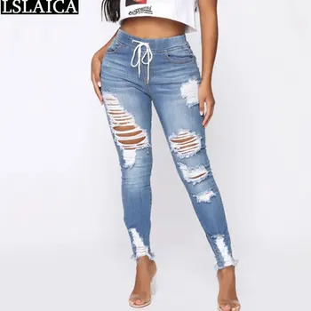 אופנה עם קו מותן גבוה החבר 'ינס לנשים תחרה סלים מקרית חור עיפרון מכנסיים סקסי סתיו ג' ינס מכנסיים אופנת רחוב 2022