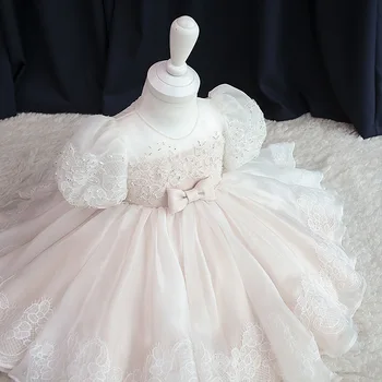 אלגנטי תחרה Xmassale החלוק בשכבות אפליקציות שמלת נשף ילדה יום הולדת שמלות פאף שרוול קשת הנסיכה פרח ילדה שמלות