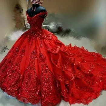 האדום המנצנץ הטקס השמלות הכתף נפוח חצאית שכבתית 16 שמלת פייטים חרוזים אפליקציה vestidos דה-15 שנים