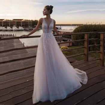 הנסיכה חוף חתונה שמלה ללא שרוולים Appliqued שמלת הכלה קו A טול כלה שמלות כלה שמלת כלה בוהו.