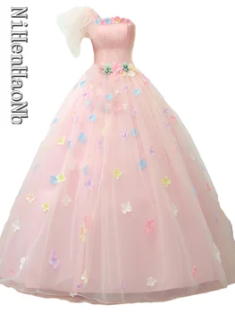 ורוד סטרפלס קינסאנךרה שמלות 3D פרח באורך רצפת Vestidos 16 שנים תחרה עד בחזרה מסיבת נשף הקיץ שמלת נשף