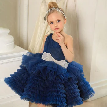 חדש בצבע כחול כהה פרח יפה בנות שמלות ללא שרוולים ילדים מסיבת שמלות שכבת חצאית קשת חגורת קצר הילד ללבוש רשמי באורך הברך