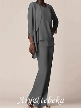 חליפת מכנסיים / סרבל אמא של שמלת הכלה אלגנטית V-צוואר באורך רצפת שיפון 3/4 אורך שרוול עם קפלים 2021
