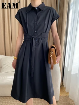 [ידה] נשים חאקי כפתור חגורת קפלים, חולצה שמלה חדשה דש שרוול קצר מתאים רופף אופנה גאות באביב קיץ 2023 1DF6743