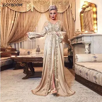 יוקרה מרוקאית גלימה רשמי שמלות ערב V-צוואר קריסטל נוצץ חרוזים ערבית מוסלמית שרוולים ארוכים מסיבת אורח נשף שמלות