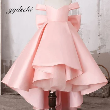 יוקרה סאטן פרח ילדה שמלת החתונה הכתף הנסיכה ילדים קשת שמלת נשף רכבת מסיבת יום הולדת נמוך/גבוה השמלה 2023