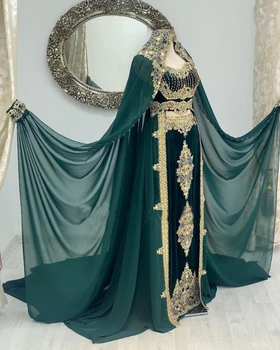 יוקרה רשמית גלימה בצבע ירוק כהה שמלות ערב עם גלימת תחרה חרוזים אפליקציה Kaftan קו-ערבית לנשים נשף שמלות המפלגה