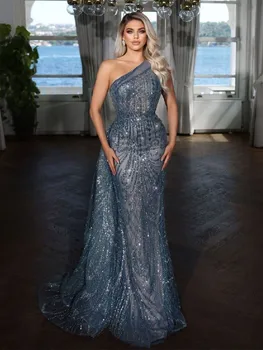 כחול כהה בתולת ים שמלות ערב Bateau שרוולים פייטים חרוזים 3D תחרה, אפליקציות כתף אחת בתוספת גודל שמלות לנשף שמלות