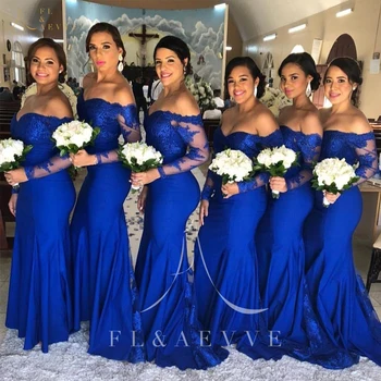 כחול רויאל סאטן אורחים חתונה שמלות שושבינה חלוק שרוול ארוך את כתף חתונה שמלת ערב מסיבת חתונות