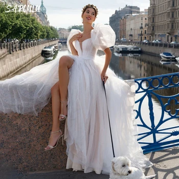 מודרני שמלת החתונה פאף שרוולים Vestidos דה נוביה מתוקה שרוכים ללא משענת Abito דה Sposa שמלות כלה שמלת כלה.