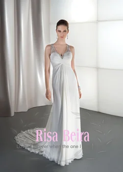 משלוח חינם 2018 אופנה יוקרה בתוספת גודל ריינסטון קריסטל סקסי ללא משענת לבן ארוך שיפון שמלת כלה שמלות שושבינה