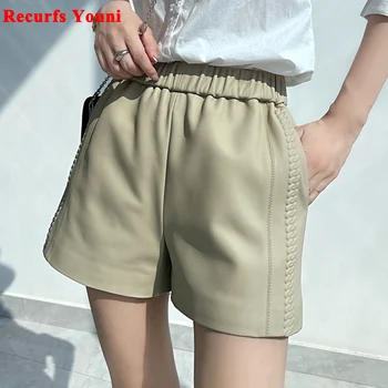 עור נשים מכנסיים קצרים Harajuku מזדמן פשוט כיס הבלטה אלסטי המותניים עור אמיתי חם המכנסיים נשי מגפי מכנסיים Cortos