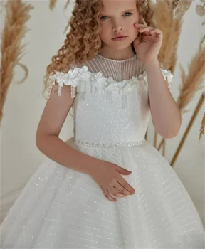 פרח ילדה שמלת סאטן לבן מנצנץ אמר חתונה פרח חמוד הילד הראשון של סעודת האדון מסיבת יום הולדת שמלת ילדה מתנה