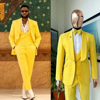 צהוב גברים חתונה חליפות 3 חלקים הצעיף דש סתיו מעיל לנשף ערב מסיבת מעצב בהתאמה אישית(ז ' קט+מכנסיים+וסט)