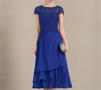 קו-אמא של שמלת ערב צוואר עגול, שרוולים קצרים אלגנטי פשוט כחול רויאל הקיץ אמצע אורך דגם תחרה בד הנשף מותאם אישית