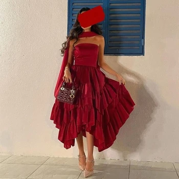 שמלת הנשף אופנה סטרפלס A-line שמלות מסיבת תה אורך שיפון גנב ללא שרוולים Ruched טפטה שמלות ערב רשמית.