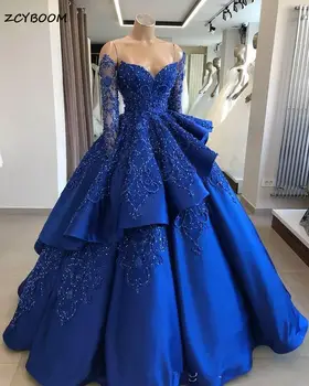 2023 אלגנטי כחול רויאל סאטן סטרפלס קינסאנךרה לנשף שמלת נשף יוקרתי אפליקציות חרוזים שמלות ערב Vestidos דה-15 שנים