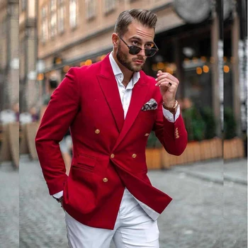 2023 הגעה חדשה חליפות לגברים אופנה מעיל אדום לבן מכנסיים שני חלקים ג ' קט Peakde דש כפול עם חזה נשף מסיבת פנאי