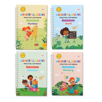4 ספרים טבעה מונטסורי קליגרפיה Copybook ספר הקסמים של הילדים לשימוש חוזר כתיבה במחברת כתב היד כותב צעצוע מתנות
