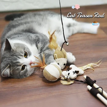 8pc חתול טיזר מוט עץ חתולים מצחיקים מקל טבעי העכבר חיה נוצה אינטראקטיביות חיות מחמד צעצוע קיטי משחק טיזר שרביט ספקי חתול