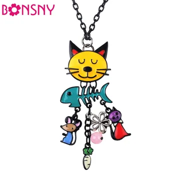 Bonsny שרשרת ארוכה 2016 צבעוני צרפתית חתול שרשרת אמייל תליון דג סגסוגת קסם מותג תכשיטים לנשים הילדה חיה חדשה