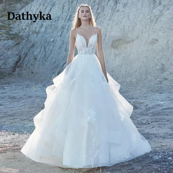 Dathyka קלאסי פרע ללא משענת שמלת חתונה עבור נשים V-neck אפליקציות קו שמלות כלה Vestidos דה נוביה Brautmode
