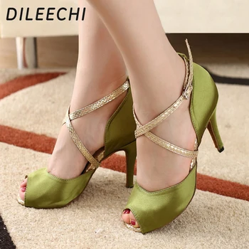 DILEECHI החדש אור ירוק סאטן נשים בוגרות של ריקודים לטיניים נעליים עם עקבים גבוהים 8.5 ס 