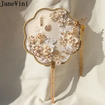 JaneVini Luxuriou זהב פנינים הכלה החתונה אוהד מצולע תחרה פרחים בסגנון סיני כלה יד אוהד ציצית קלאסי חרוזים זר