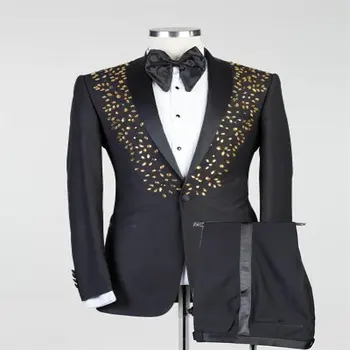 JELTONEWIN תחפושת Homme, Mariage 2022 האחרון המעיל שאיפה עיצוב שחור 2 חתיכת סט קריסטל דש רשמית המודרני גברים חליפה לחתונה