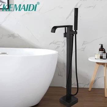 KEMAIDI מפל עצמאי ברזים לאמבטיה רצפה שחורה הר ' קוזי מילוי ידית אחת פליז. ברז עם היד מקלחת Systerm