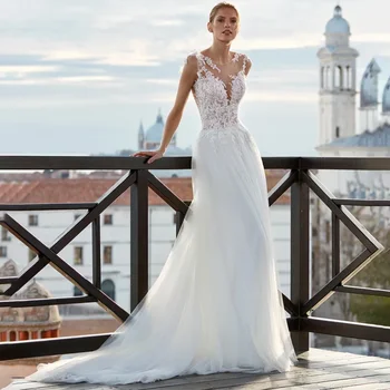 LoveDress O-צוואר חתונה שמלה קו A אפליקציות תחרה ללא משענת בוהו טול כלה שמלת ציפר לחצן סריקה הרכבת Vestido De Noiva