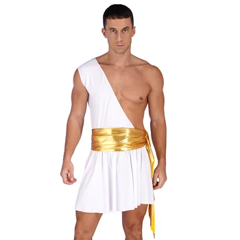 Mens ליל כל הקדושים עתיק יווני לוחם קוספליי תלבושת מסיבת קרנבל תחפושות כתף אחת קפלים שמלה עם חגורה מתכתי