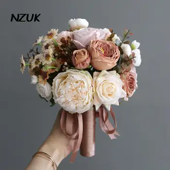 NZUK וינטג ' רוז ורוד מאובק החתונה זרי hochzeit זר כלה פרח להחזיק ביד Bridemaid זר כלה קישוט