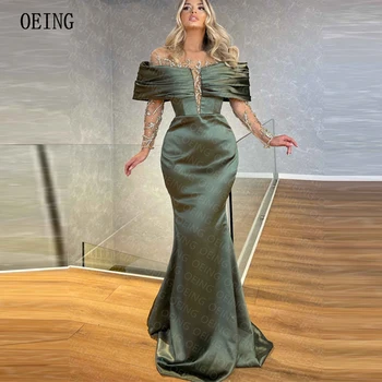 OEING ירוק Merimaid צווארון וי עמוק Beadings את כתף סאטן קפלים אלגנטי שמלות לנשף לראות דרך סלבריטאי סקסי שמלת מסיבת